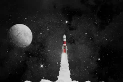 Fototapeta: Rakieta na tle gwiezdnego nieba i księżyc ilustracja