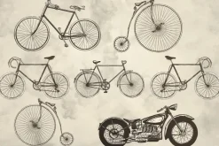 Fototapeta: Retro rowery i motocykl na szarym tle