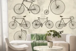 Fototapeta: Retro rowery i motocykl na szarym tle