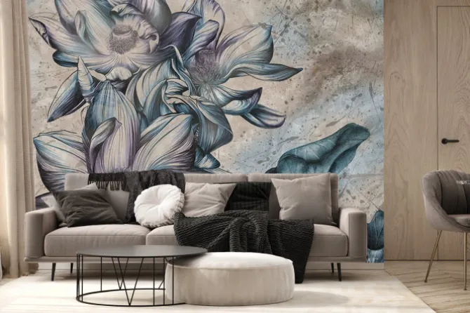 Fototapeta: Retro wzór z niebieskimi kwiatami lotosu