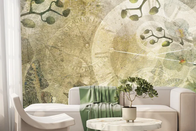 Fototapeta: Retro zegary wśród kwiatów storczyka