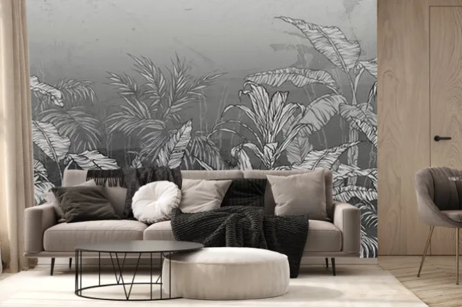 Fototapeta: Roślinność w tropikalnej dżungli w czerni i bieli