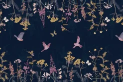 Fototapeta: Roślinny botaniczny motyw z kolorowymi kwiatami motylami i ptakami