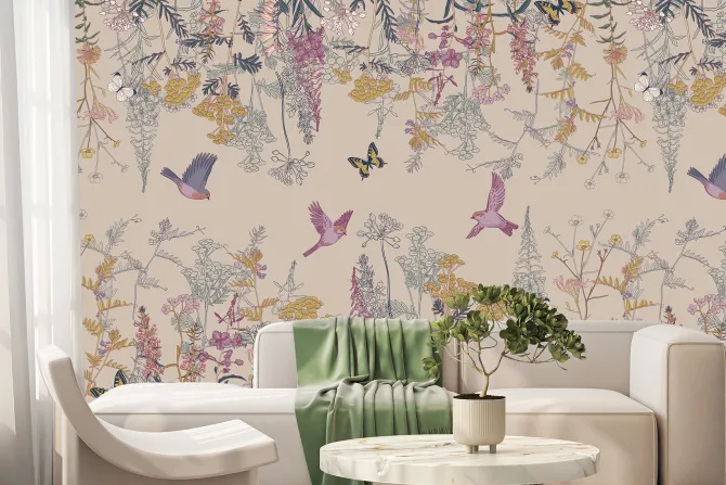 Fototapeta: Roślinny botaniczny motyw z kolorowymi kwiatami motylami i ptakami