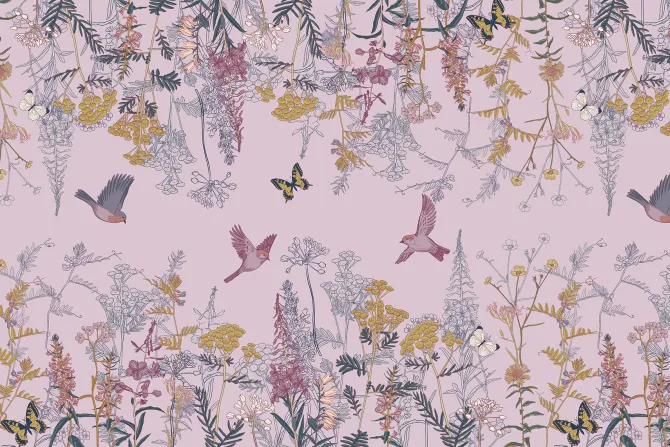 Fototapeta: Roślinny botaniczny motyw z kolorowymi kwiatami motylami i ptakami