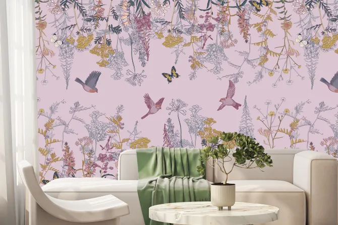 Fototapeta: Roślinny botaniczny motyw z kolorowymi kwiatami motylami i ptakami