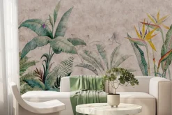 Fototapeta: Rośliny tropikalne i ptak botaniczny wzór na tle betonu