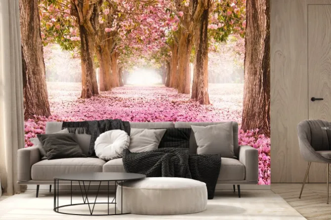 Fototapeta: Różowa ścieżka otoczona drzewami