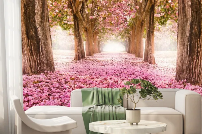 Fototapeta: Różowa ścieżka otoczona drzewami