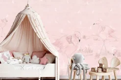 Fototapeta: Różowe flamingi na polanie z ważkami