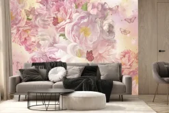 Fototapeta: Różowe kwiaty i motyle wzór w stylu malunku