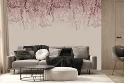 Fototapeta: Różowe kwiaty i zwisające rośliny na jasnym tle botaniczny motyw