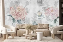 Fototapeta: Różowe kwiaty w stylu akwareli na szarym tle