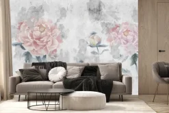Fototapeta: Różowe kwiaty w stylu akwareli na szarym tle