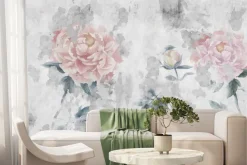 Fototapeta: Różowe kwiaty w stylu akwareli na szarym tle