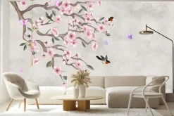 Fototapeta: Różowe kwiaty wiśni z ptakami na betonie