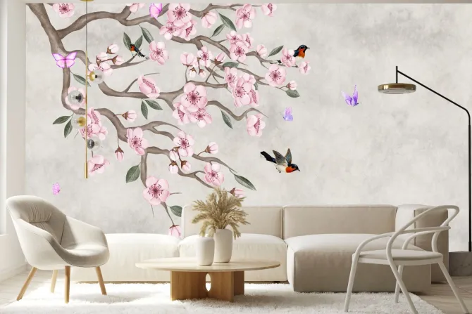 Fototapeta: Różowe kwiaty wiśni z ptakami na betonie