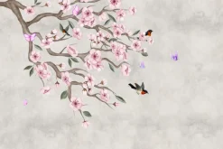 Fototapeta: Różowe kwiaty wiśni z ptakami na betonie