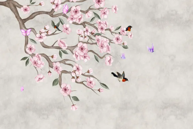 Fototapeta: Różowe kwiaty wiśni z ptakami na betonie
