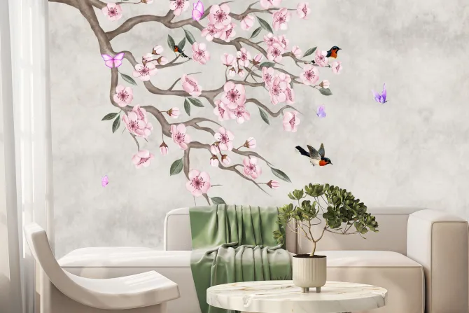 Fototapeta: Różowe kwiaty wiśni z ptakami na betonie
