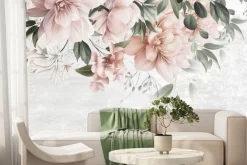 Fototapeta: Różowe kwiaty wśród zielonych liście na tle betonu