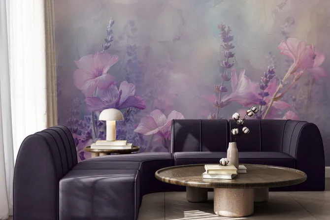 Fototapeta: Różowe kwiaty wśród lawendy na łące