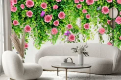 Fototapeta: Różowe róże wśród zielonych liści 3d