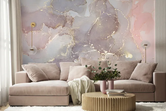 Fototapeta: Różowo fioletowy marmur ze złotymi elementami dekoracyjny wzór