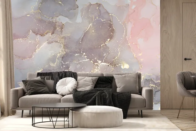 Fototapeta: Różowo fioletowy marmur ze złotymi elementami dekoracyjny wzór