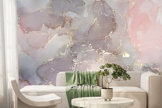 Fototapeta: Różowo fioletowy marmur ze złotymi elementami dekoracyjny wzór