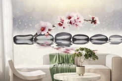 Fototapeta: Różowy storczyk i kamienie zen odbijające się w wodzie