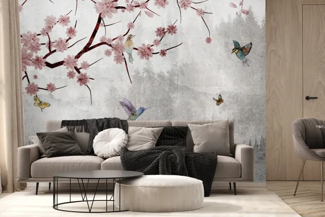 Fototapeta: Rozkwitające drzewo i ptaki na szarym tle