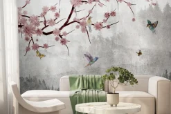 Fototapeta: Rozkwitające drzewo i ptaki na szarym tle