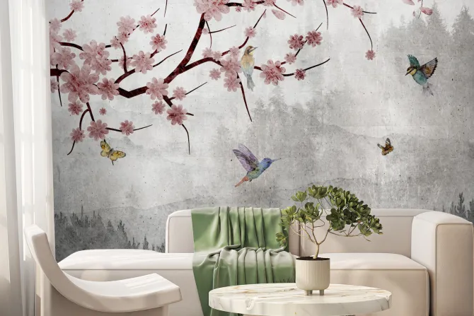 Fototapeta: Rozkwitające drzewo i ptaki na szarym tle