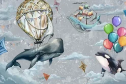 Fototapeta: Ryby balony i latawce wśród chmur na tle nieba akwarelowy wzór