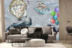 Fototapeta: Ryby balony i latawce wśród chmur na tle nieba akwarelowy wzór