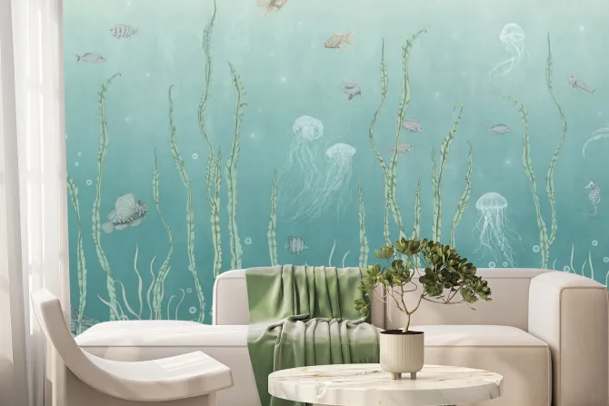 Fototapeta: Ryby i meduzy wśród zielonych roślin morski podwodny krajobraz