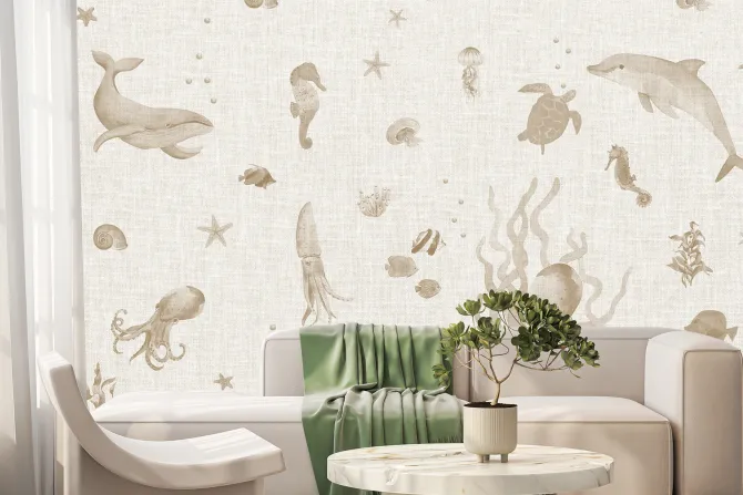 Fototapeta: Ryby i zwierzęta wśród roślin podwodny świat minimalistyczny