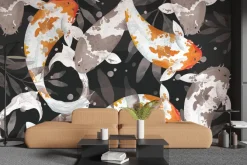 Fototapeta: Ryby koi i liście na ciemnym tle akwarelowy wzór