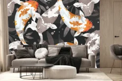 Fototapeta: Ryby koi i liście na ciemnym tle akwarelowy wzór