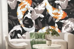 Fototapeta: Ryby koi i liście na ciemnym tle akwarelowy wzór