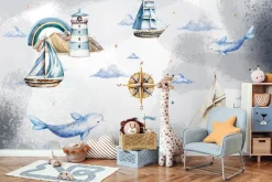 Fototapeta: Ryby statek i latarnia morska akwarelowy wzór dla dzieci