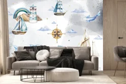 Fototapeta: Ryby statek i latarnia morska akwarelowy wzór dla dzieci