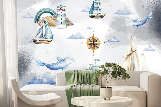 Fototapeta: Ryby statek i latarnia morska akwarelowy wzór dla dzieci