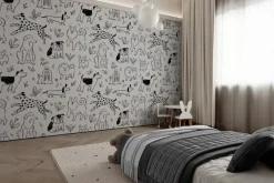 Fototapeta: Rysowane psy na polanie z kwiatami