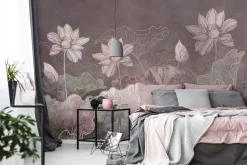 Fototapeta: Rysowane różowe kwiaty i liście lilii