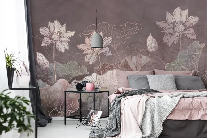 Fototapeta: Rysowane różowe kwiaty i liście lilii