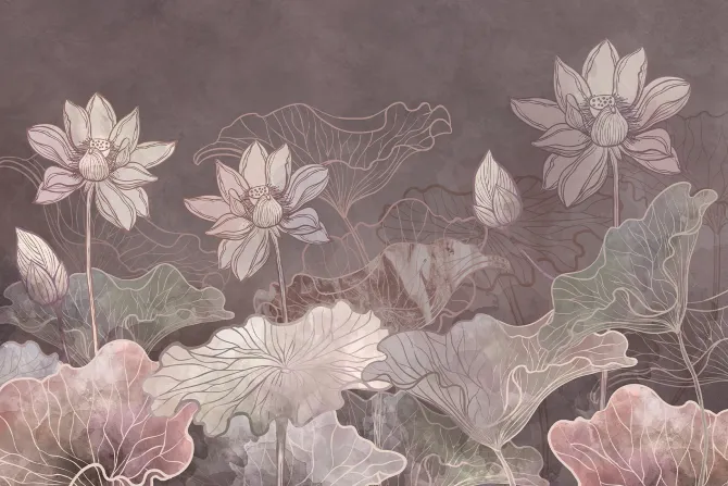 Fototapeta: Rysowane różowe kwiaty i liście lilii