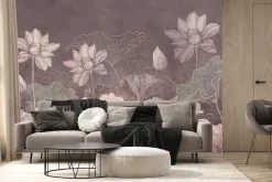 Fototapeta: Rysowane różowe kwiaty i liście lilii