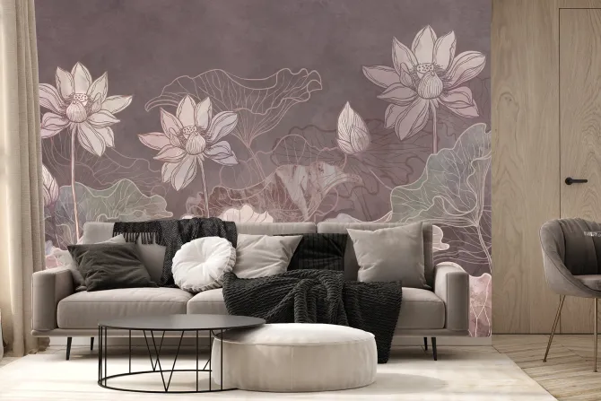 Fototapeta: Rysowane różowe kwiaty i liście lilii